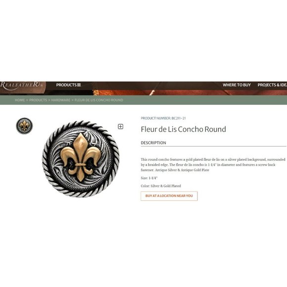 Vtg Fleur de Lis Real Leather Concho Braided Edge Gold Silver Plated Round 1.25" - Picture 5 of 5